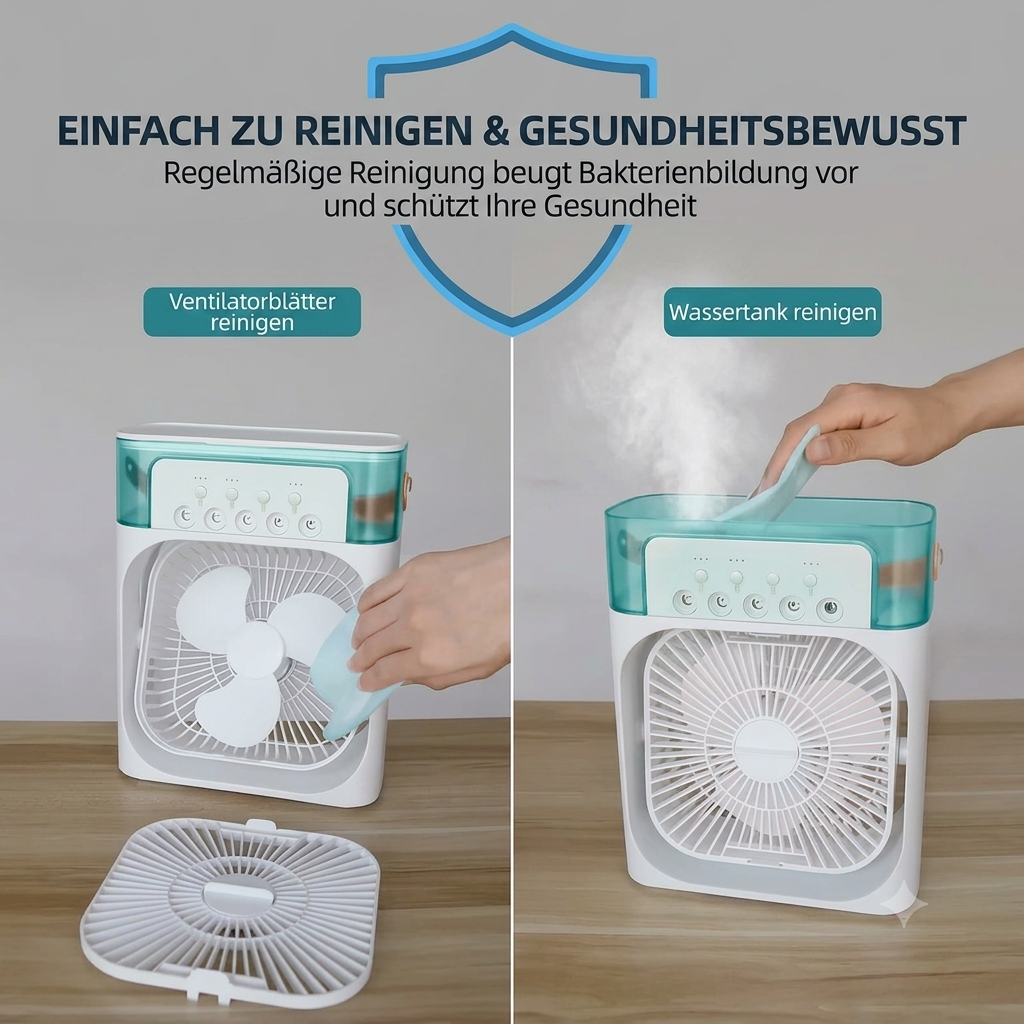 3-in-1 Mini Klimagerät & Luftbefeuchter – Tragbarer Tischventilator mit LED-Stimmungslicht für Büro & Zuhause
