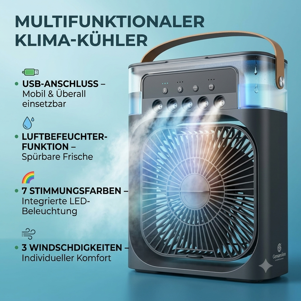 3-in-1 Mini Klimagerät & Luftbefeuchter – Tragbarer Tischventilator mit LED-Stimmungslicht für Büro & Zuhause
