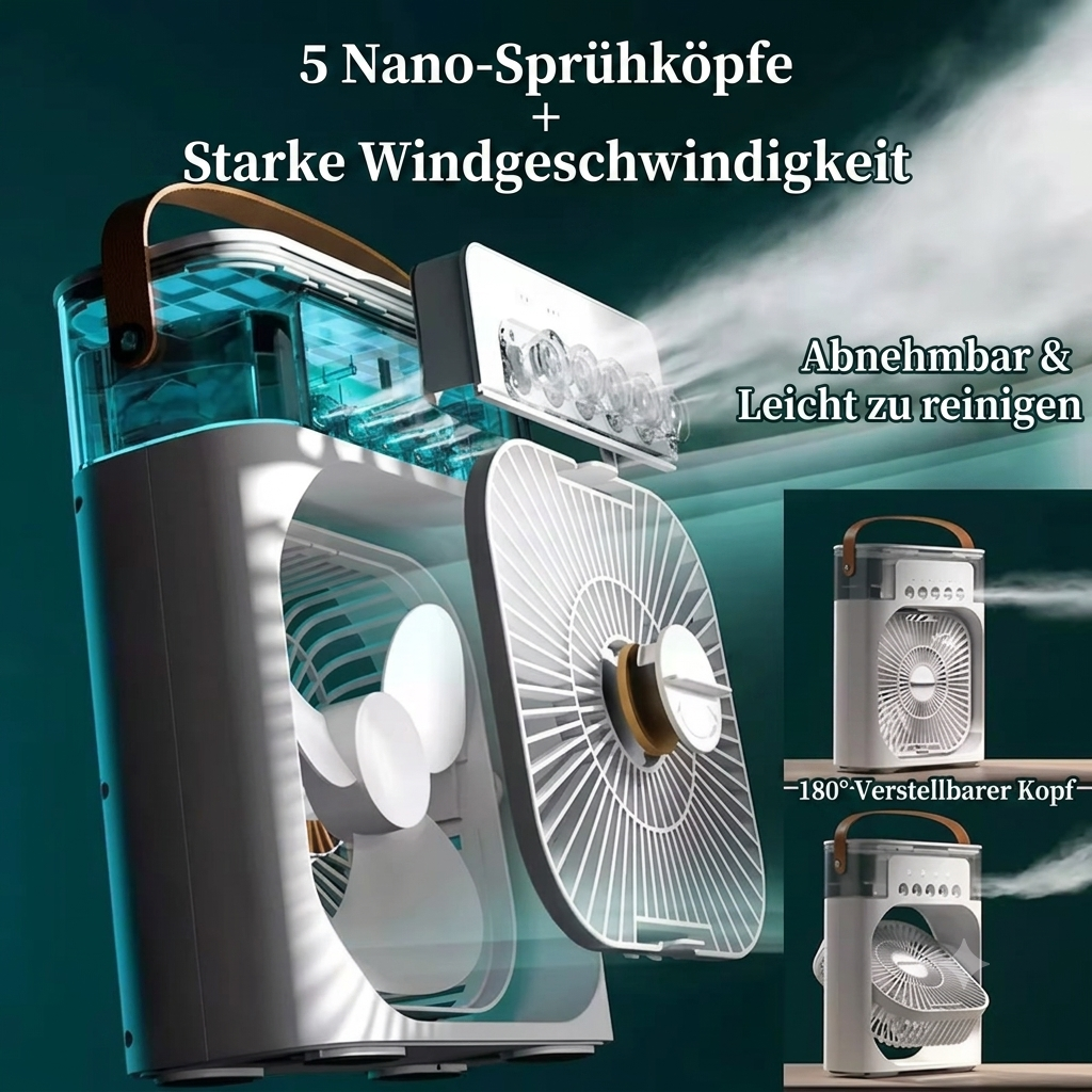 3-in-1 Mini Klimagerät & Luftbefeuchter – Tragbarer Tischventilator mit LED-Stimmungslicht für Büro & Zuhause