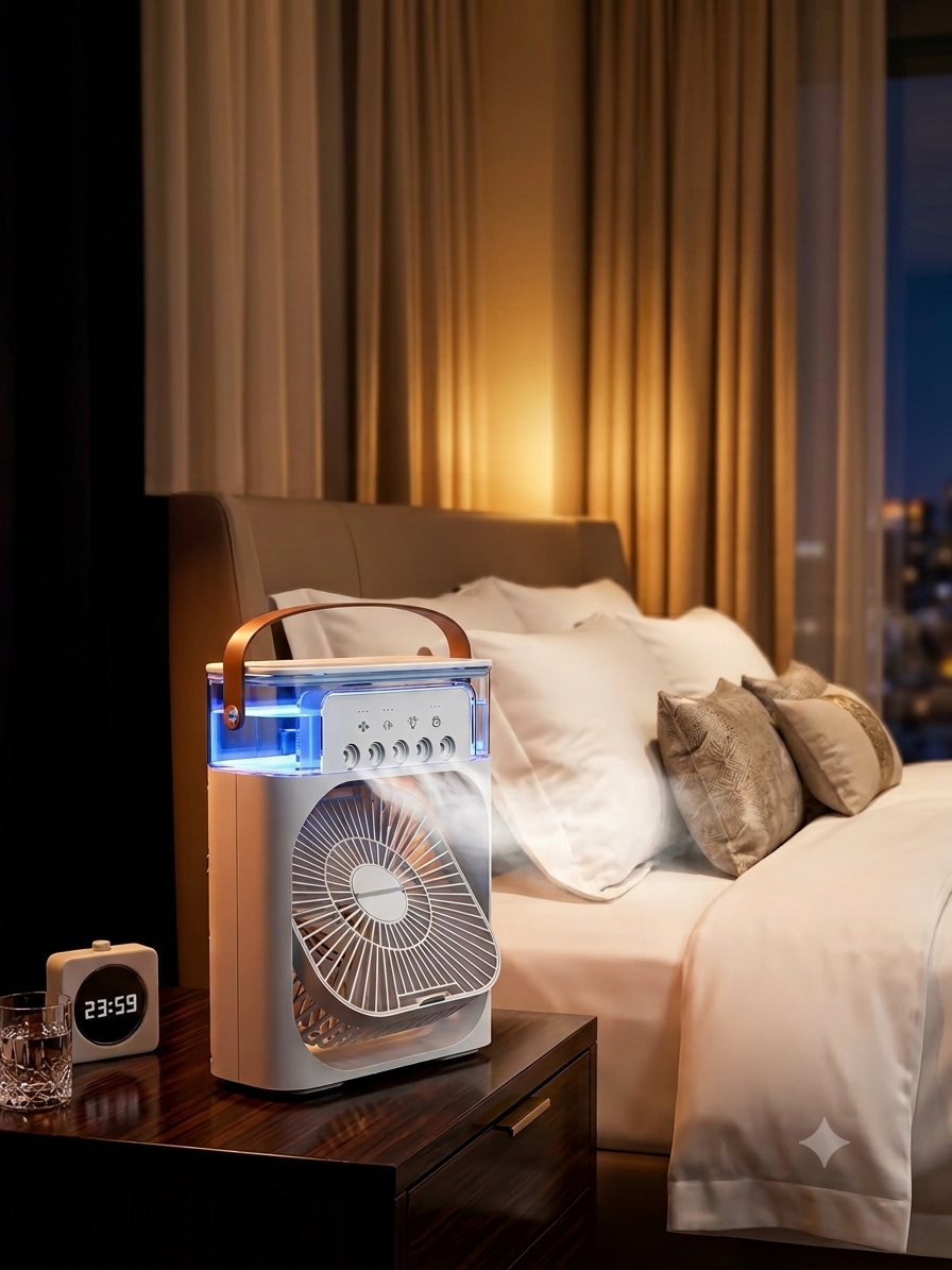 3-in-1 Mini Klimagerät & Luftbefeuchter – Tragbarer Tischventilator mit LED-Stimmungslicht für Büro & Zuhause