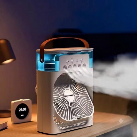 3-in-1 Mini Klimagerät & Luftbefeuchter – Tragbarer Tischventilator mit LED-Stimmungslicht für Büro & Zuhause