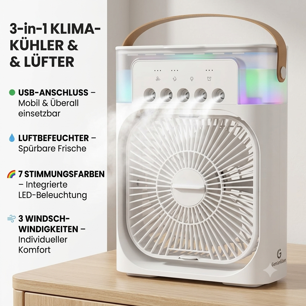 3-in-1 Mini Klimagerät & Luftbefeuchter – Tragbarer Tischventilator mit LED-Stimmungslicht für Büro & Zuhause