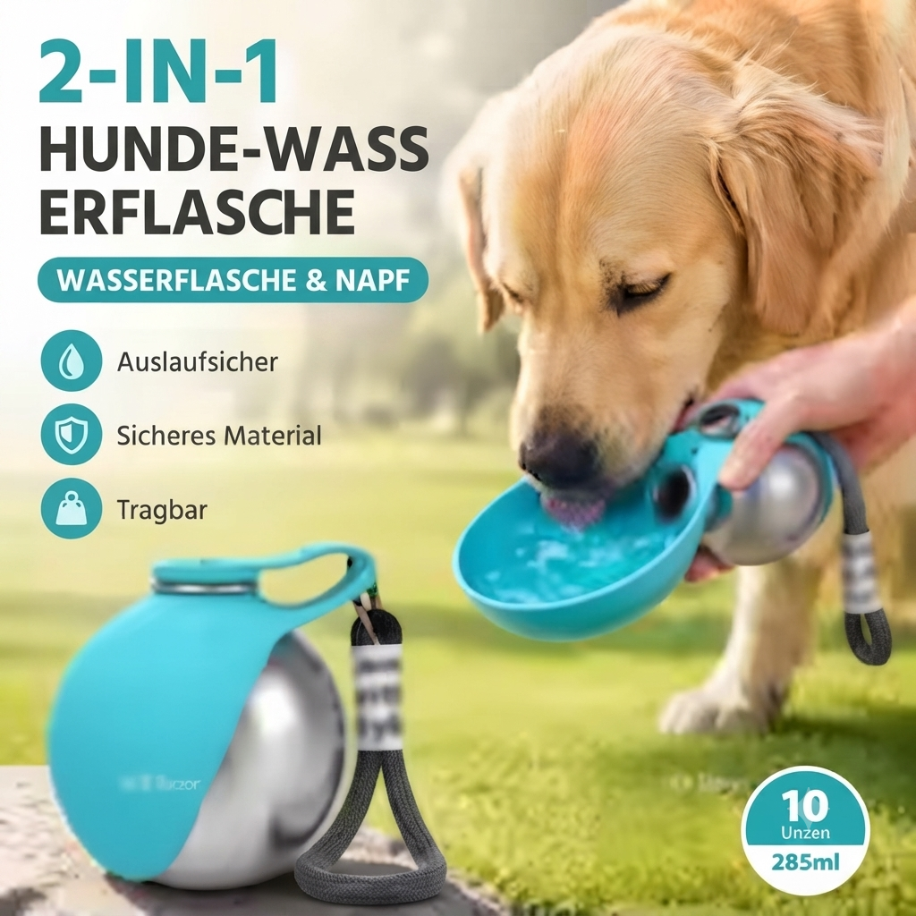 Haustier Trinkflasche mit faltbarem Napf – 285ml, auslaufsicher für Hunde & Katzen